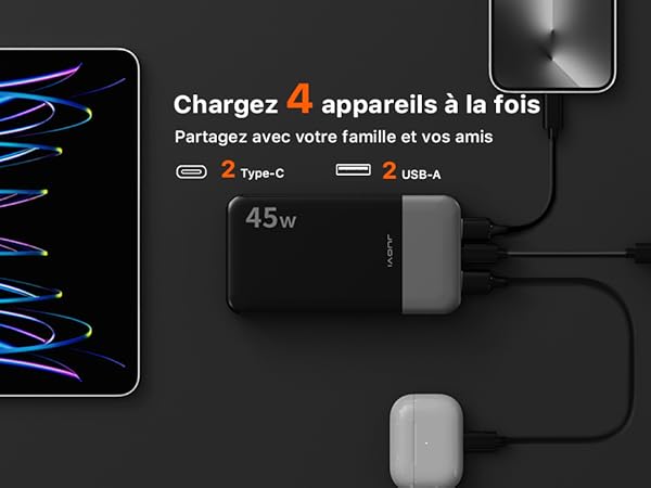 45W multi-device charging station with multiple ports showing tablet and accessories connected, featuring USB-C and USB-A connections on black surface.