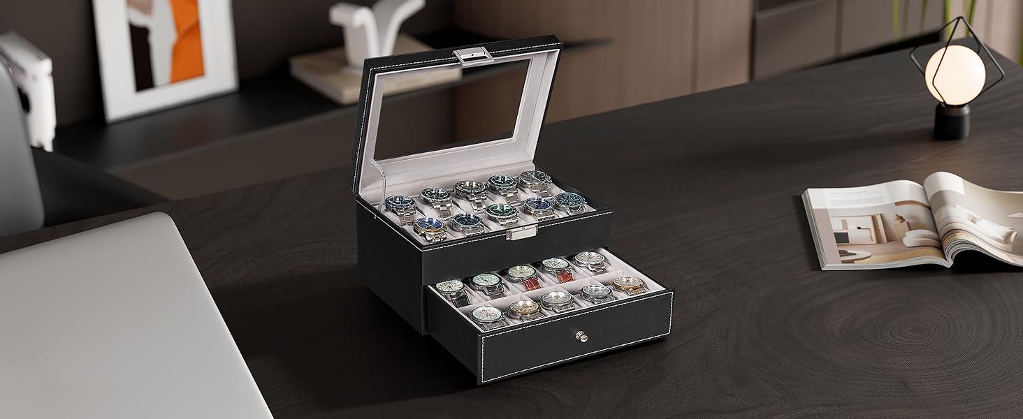 Watch Case, 20-Slot Watch Box for Men, 2-Layer Watch Display Case with Large Glass Lid