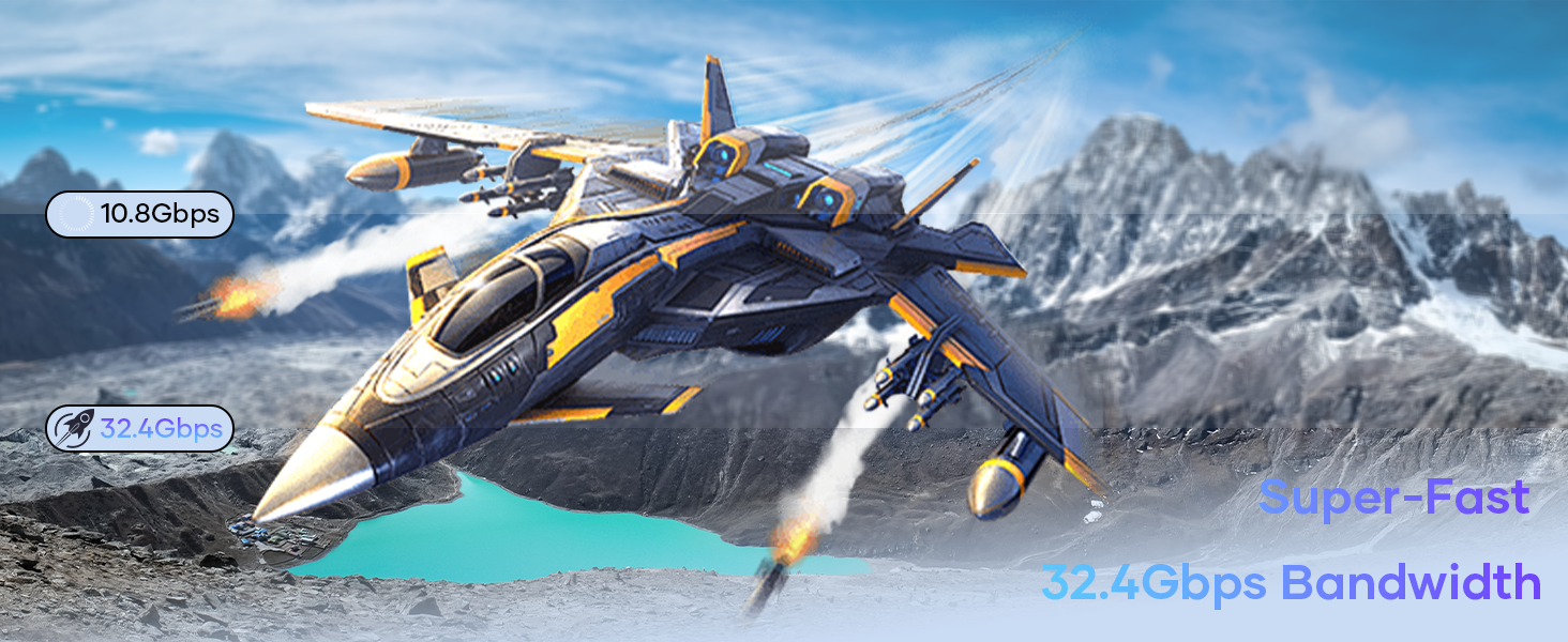 Futuristic jet fighter flying over mountains, firing missiles. Text overlay indicates '32.4Gbps Bandwidth' and 'Super-Fast'. Blue lake visible below.