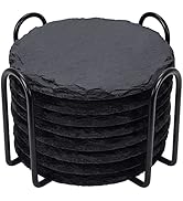 Slate Drink Coasters with Metal Holder, GOH DODD Set of 8 Black Coasters, 4 Inch Stone Coaster Se...