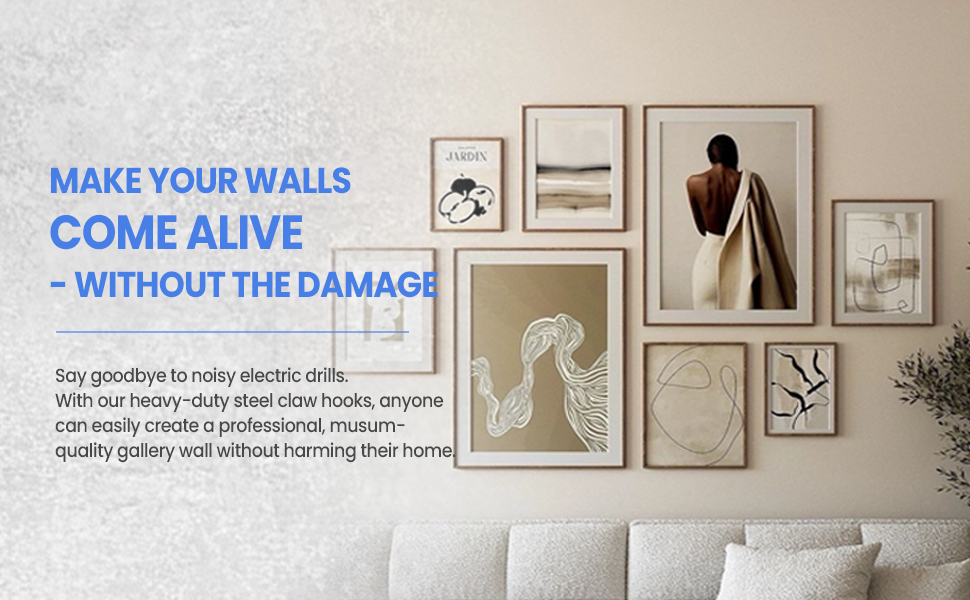 Claw picture hangers for gallery wall, museum quality no drill hooks for heavy pictures and frames.