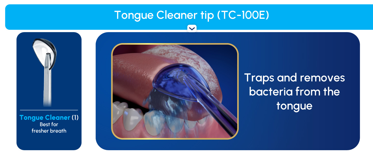 Image of flossing tip with text that says includes 1 Tongue Cleaner tip best for fresher breath
