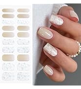 JMEOWIO Gel Nail Stickers White Flower Glitter Semi Cured Gel Nail Strips Wraps UV/LED Nails Art ...