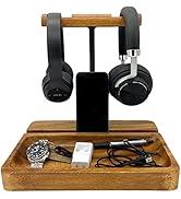 WRIGHTMART Acacia Wood Dual Headphone Stand, Headset Stand with Storage Tray, Heavy Duty Holder f...