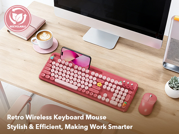 Rose pink retro wireless keyboard and mouse with phone holder for stylish workspaces