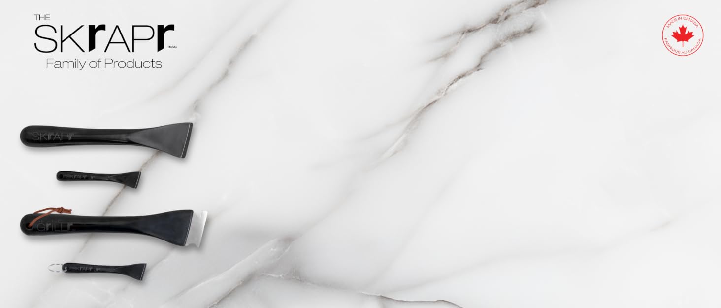 The Skrapr, Skrapr Jr, and Grillr sit on a marble countertop