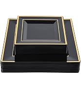 N9R 60 Pack Black Square Plastic Plates with Gold Rim Include 30 Disposable Dinner Plates 9.5 Inc...