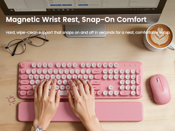 Detachable magnetic wrist rest snaps on for wipe-clean support and all-day typing comfort.