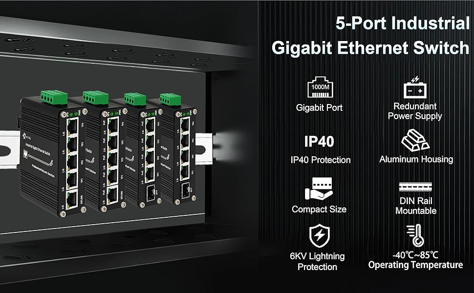5 Port Gigabit Industrial DIN-Rail Network Switch, IP40 Rated Network Switch (-40 to 185°F)