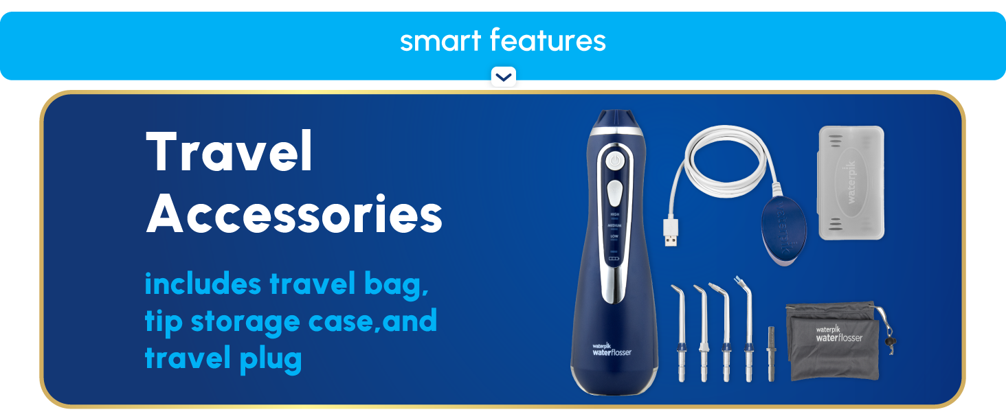 Image of water flosser travel accessories with text reading includes travel bag and tip storage case