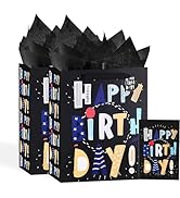 Powbrace 13" Black Happy Birthday Bag with Tissue Paper and Greeting Card for Party,Happy Birthda...