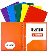 SUNEE 2 Pocket Folders with Prongs (6/Pack, Assorted Color) Plastic Folders with Pockets and Pron...