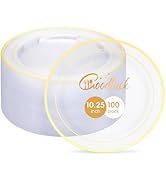 Goodluck 100PCS Clear Gold Plastic Plates, 10.25 Inch Dinner Plate with Silver Rim, Heavy Duty Di...