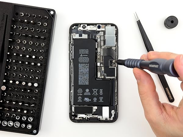 HowFixit PRO MAX precision screwdriver set open case, tweezers, and smartphone repair progress