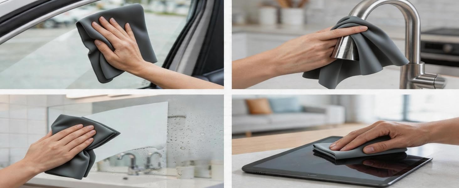 Split screen comparison of dirty and clean glass wiped with grey microfiber cloth.
