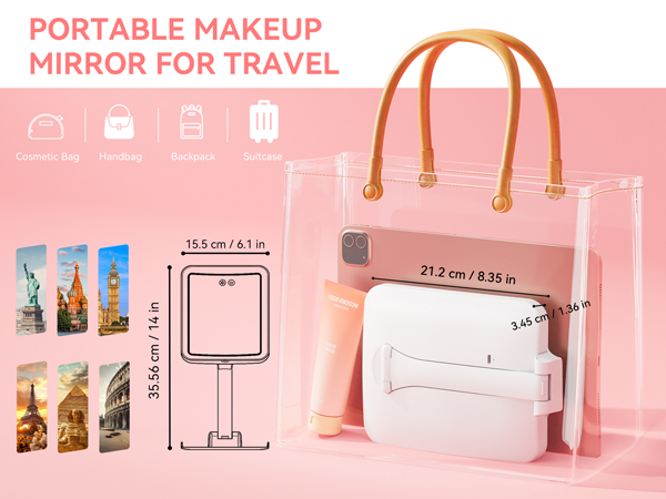 Compact foldable design, fits easily in handbags, backpacks and suitcases for travel.