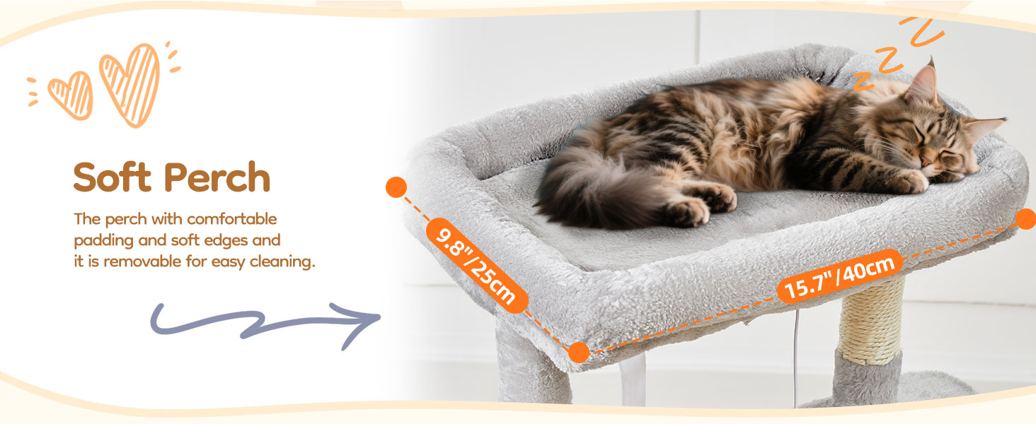 Text reads 'Soft Perch'. Cat bed or resting platform with grey cushioned surface. Cat shown resting on the product.