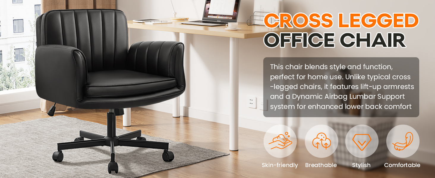Criss Cross Chair with Wheels & Armrests, Criss Cross Office Swivel Chair, PU Leather Vanity Chair