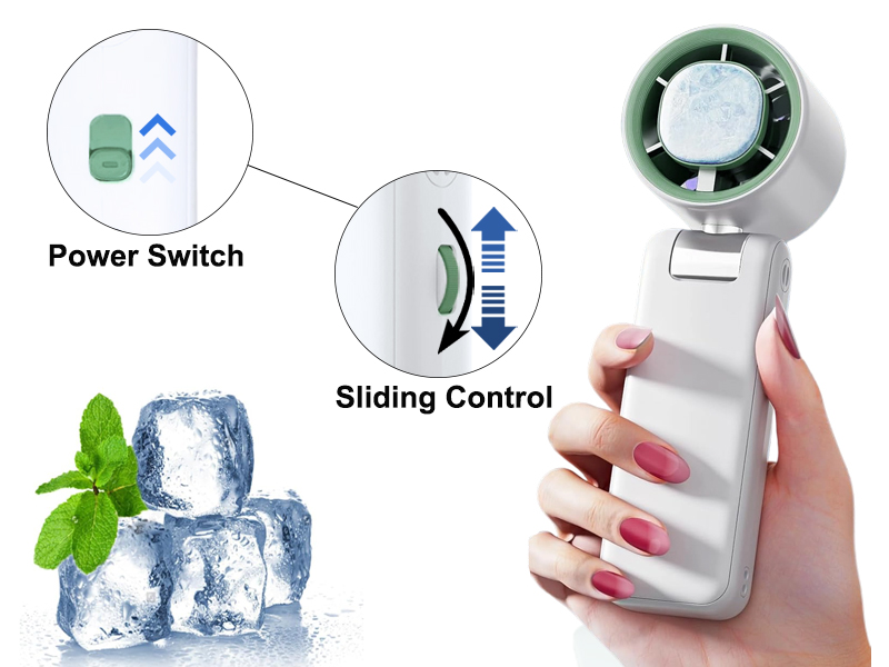 Handheld personal fan with power switch and sliding control. White device with green circular fan head. Demonstrated in use, with ice cubes and mint leaf for cooling context.