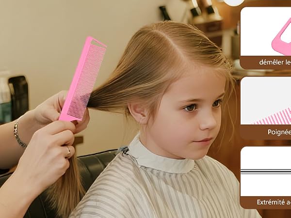Pink hairbrush being used to style hair in a salon setting. Three informational panels shown at right side of image.