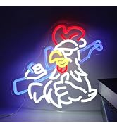 Chicken Shooting Neon Sign for Game Room, Rifle Led Sign for Man Cave, Rooster Funny Neon Light f...