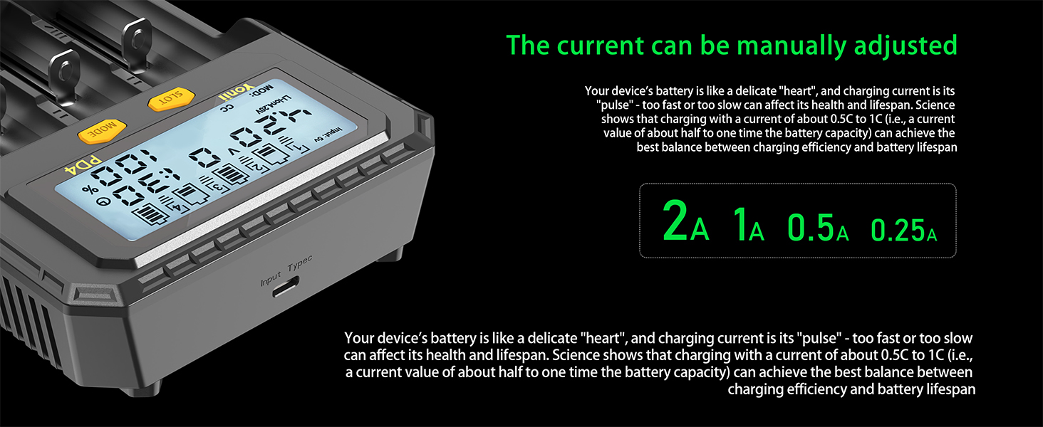Yonii PD4 Battery Charger, Adjustable Charging Current: 0.25A,0.5A,1A,2A