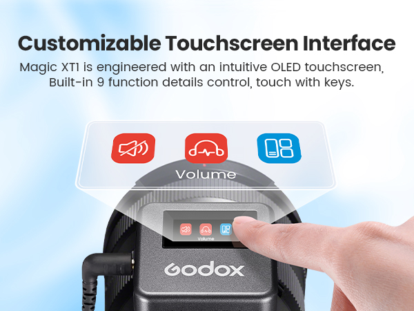 Godox touchscreen interface demonstration showing OLED display with volume control and three function icons, featuring finger interaction with the screen.