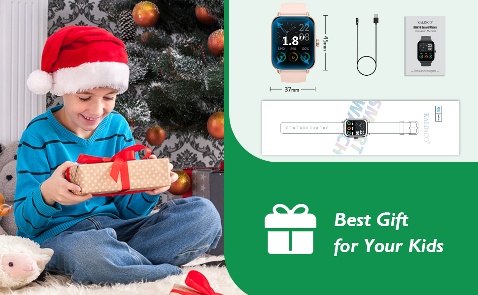 Smartwatch advertisement showcasing 1.8" display, charging cable, and product specifications. Image includes person holding gift box near Christmas tree.