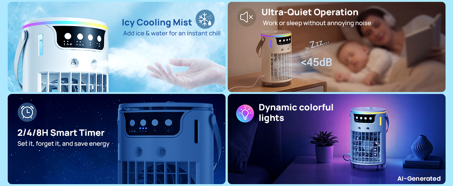 Portable ac fan with icy mist cooling, 2/4/8H timer, and colorful dynamic lights