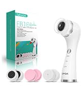 Array of beauty/personal care products including green product box, white wireless earbuds, small cosmetic containers in pink and white on white background.