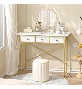 Small Makeup Vanity Desk No Mirror, 37.2 Inch Vanity Desk with 3 Drawers, Girls Vanity Dressing T...