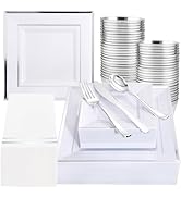 Festiva 350Pcs Silver Plates - Silver Square Plastic Plates include 50 Dinner Plates 50 Dessert P...