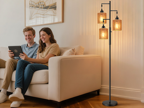 Hotsonic 72" Rattan Boho Floor Lamp, Tall Dimmable Standing Lamp with Handcrafted Brown Shad