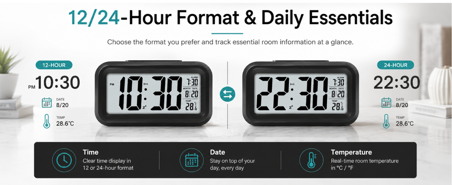 digital alarm clock, digital table clock, LED alarm clock, LCD alarm clock, alarm clock, SPN-RECPP