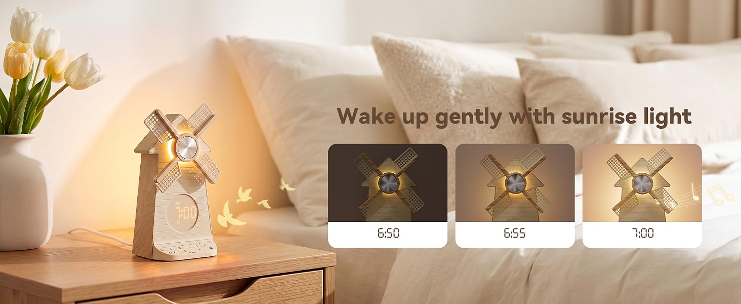 Sunrise Alarm Clock with Rotating Windmill, White Noise Machine Sound Machine Alarm Clock