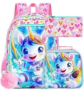 ZLYERT 3Pcs Unicorn Backpack for Girls, 16" Kids School Backpacks with Lunch Box, Baseball Bookba...