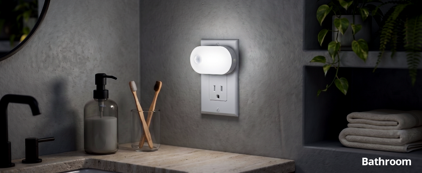 Eye-friendly plug-in night light illuminating a bathroom.
