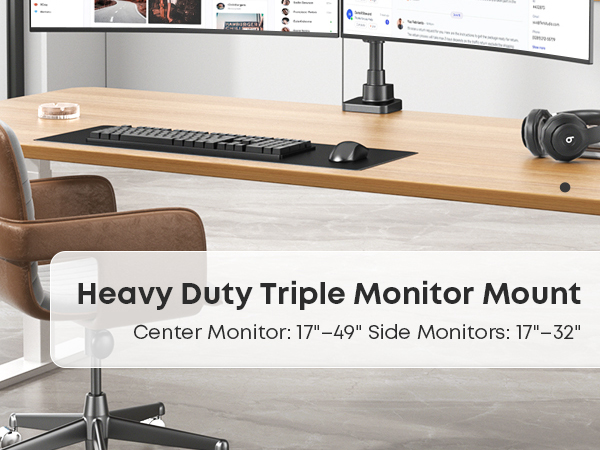 Text reads 'Heavy Duty Triple Monitor Mount, Center Monitor: 17"-49" Side Monitors: 17"-32"'. Side view of triple monitor setup on wooden desk with ergonomic chair.