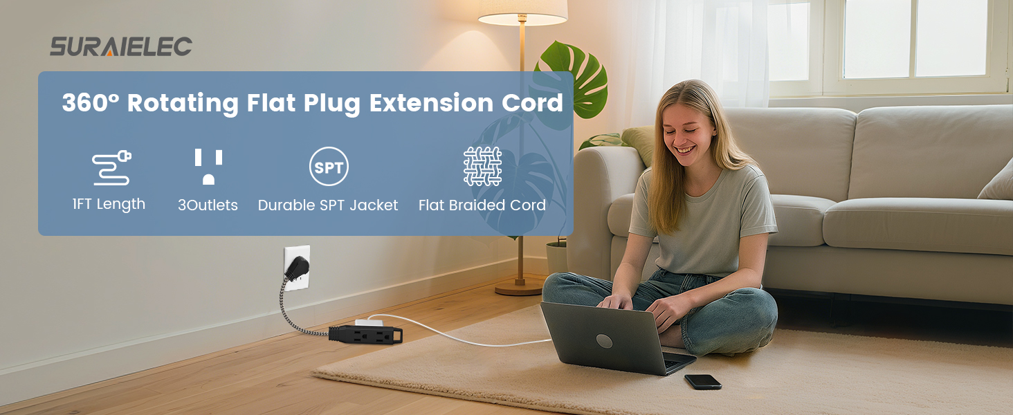 360° Rotating Flat Plug Extension Cord