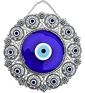 Erbulus Turkish X-Large Glass Blue Evil Eye Wall Hanging Ornament with Round Eye Design - Metal H...