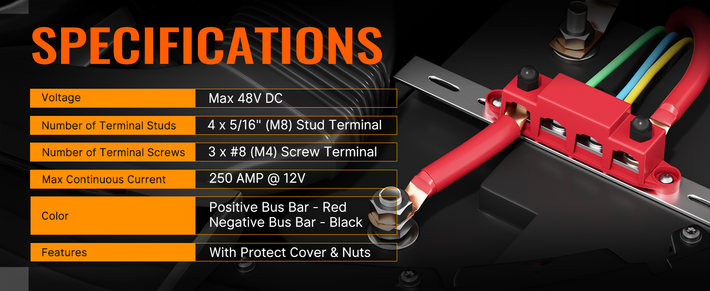 250A 12V Bus Bar Power Distribution Block 4 Studs Junction Block Automotive Marine Battery Busbar