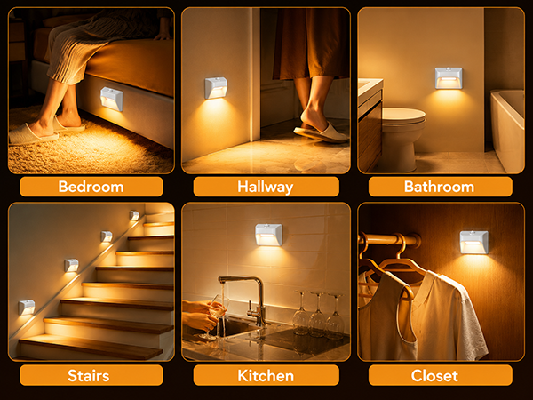 Six illuminated interior scenes labeled: 'Stairs', 'Hallway', 'Bedroom', 'Stairs', 'Kitchen', 'Closet'. Each shows different ambient lighting placements and applications throughout residential spaces. Orange text labels on black background.