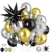Black And Gold Balloons, 50pcs Black Silver Gold Balloons, Clear Balloon Silver Disco 4d Ball Sta...