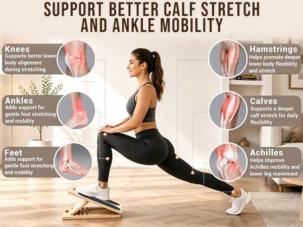 Slant board stretch supports calves, ankles, Achilles, hamstrings, knees, and feet.