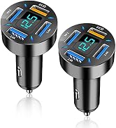 2Pcs 4-in-1 Car Charger 66W Super Fast Charging with USB 2.4A&QC 3.0(Voltmeter&LED Lights) Univer...