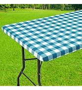 Smiry Rectangle Picnic Table Cloth, Elastic Waterproof Fitted Vinyl Tablecloth for 6 FT Tables, F...