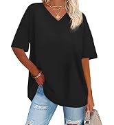 ADOREJOY Oversized Tshirts for Women V Neck Summer Short Sleeve Casual Loose Tunic Tees