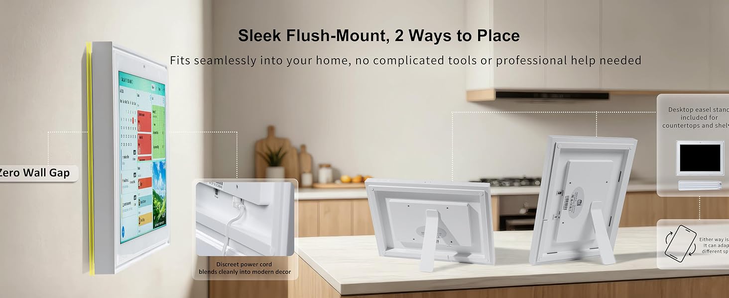 Side view of flush wall mount and desktop stand with hidden power cord
