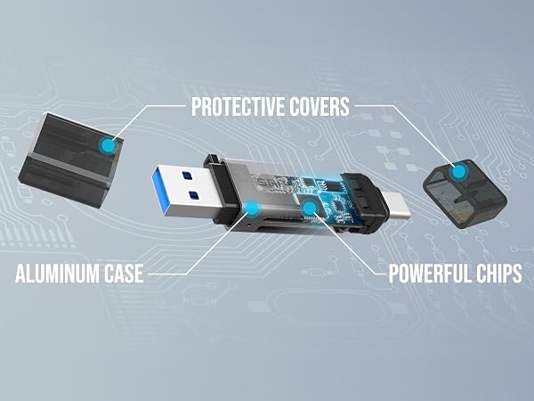 Text reads 'PROTECTIVE COVERS', 'ALUMINUM CASE', 'POWERFUL CHIPS'. Technical diagram showing components of a device with aluminum casing and protective elements.