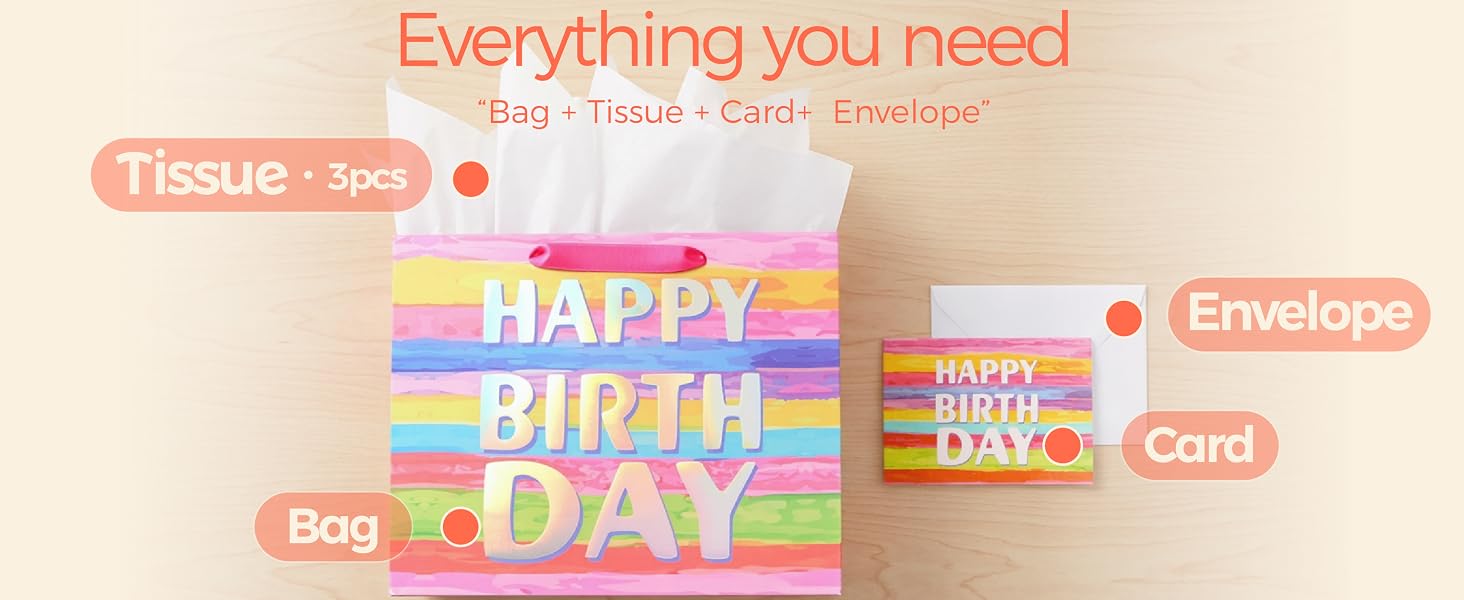 SUNCOLOR Large Happy Birthday Gift Bag with Tissue Paper & Card, 13 x 10.2 x 4.7 Inches